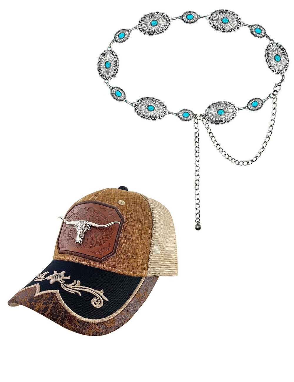 6732 Western Chain Belt and Cowboy Trucker Hat for Country Concert Outfit